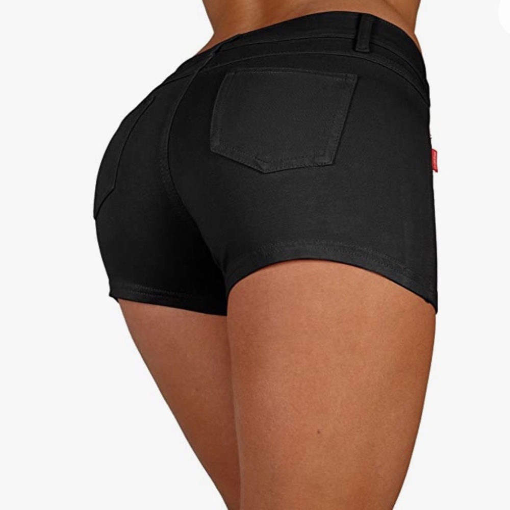 Fashion 2 Love Black Denim Strechy Booty Shorts - Butt Lifting Stitching Size S